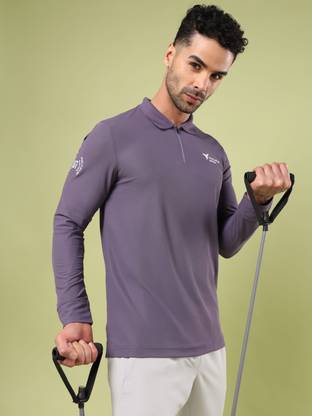 TECHNOSPORT Solid Men Zip Neck Purple T-Shirt