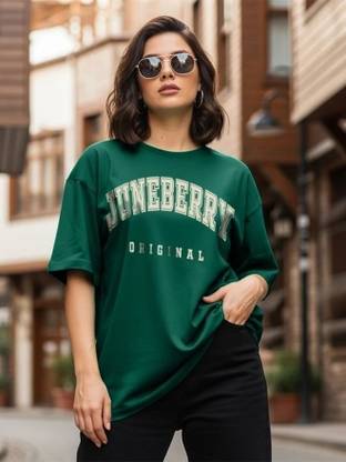 JUNEBERRY Printed, Graphic Print Women Round Neck Dark Green T-Shirt