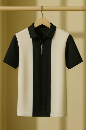 Try This Checkered Men Zip Neck White, Dark Blue T-Shirt