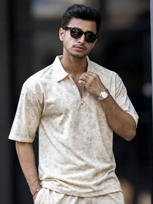 Jump Cuts Solid Men Polo Neck White T-Shirt