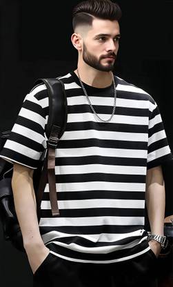 Lripsome Striped Men Round Neck Black, White T-Shirt