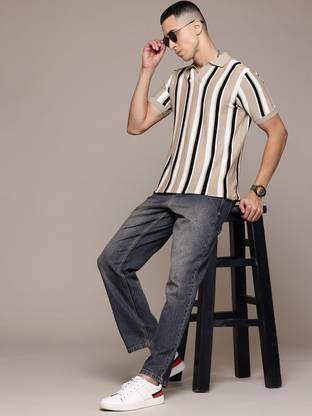 Roadster Striped Men Polo Neck Beige, Black, White T-Shirt