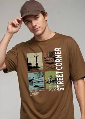 Smartees Printed Men Round Neck Brown T-Shirt