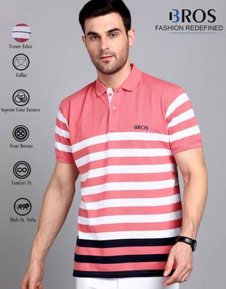 3BROS Striped Men Polo Neck Pink T-Shirt