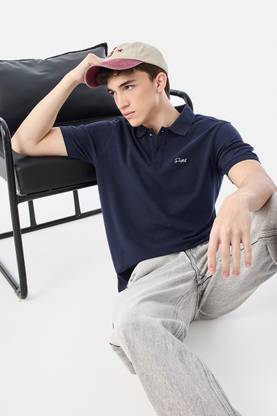 Men Solid Polo Neck Pure Cotton Navy Blue T-Shirt