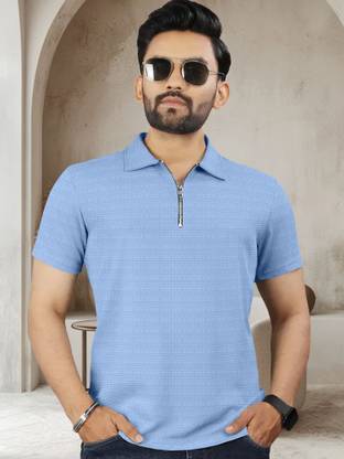 Triptee Solid Men Polo Neck Light Blue T-Shirt