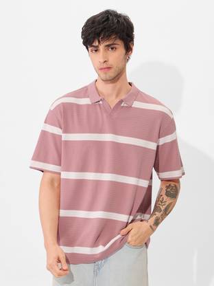 The Souled Store Striped Men Polo Neck Beige T-Shirt