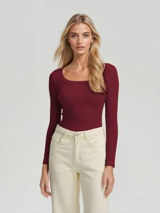 KOTTY Solid Women Scoop Neck Maroon T-Shirt