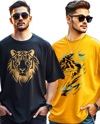 AUSK Printed Men Round Neck Black, Yellow T-Shirt