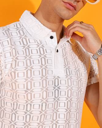 INDICLUB Printed Men Mandarin Collar White T-Shirt