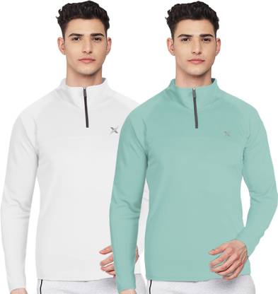 FTX Solid Men Zip Neck White, Light Green T-Shirt
