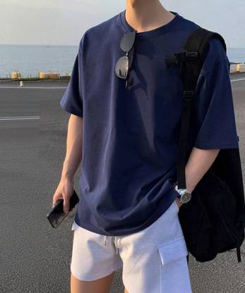 Veirdo Solid Men Round Neck Navy Blue T-Shirt