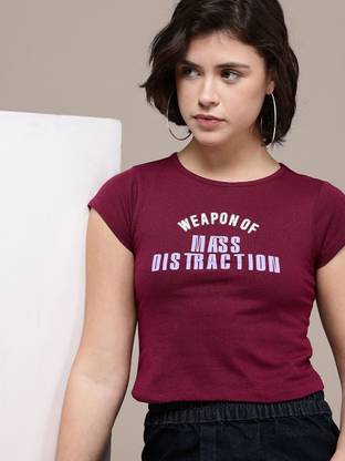 Roadster Printed Women Round Neck Maroon T-Shirt