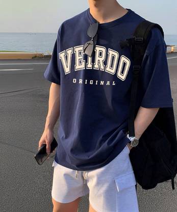 Veirdo Typography Men Round Neck Navy Blue T-Shirt