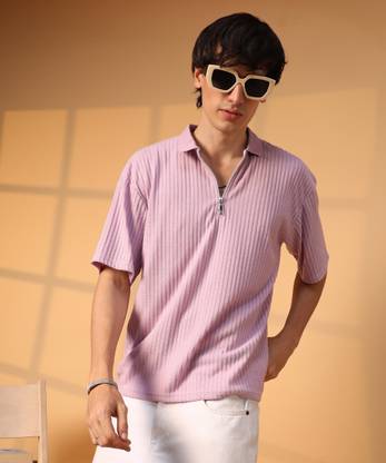 CAMPUS SUTRA Striped Men Polo Neck Pink T-Shirt