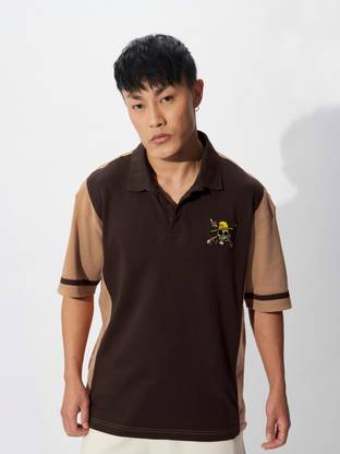 The Souled Store Printed Men Polo Neck Brown T-Shirt