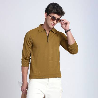 TB Blue Solid Men Zip Neck Brown T-Shirt