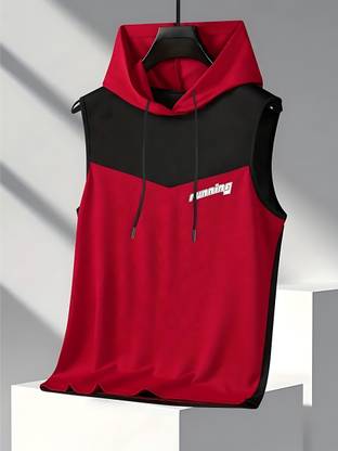 zenfit Colorblock Men Hooded Neck Red, Black T-Shirt