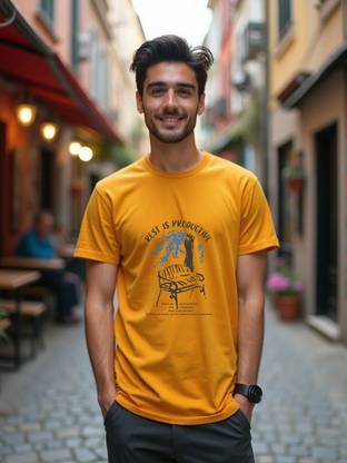 NOBERO Printed Men Round Neck Yellow T-Shirt
