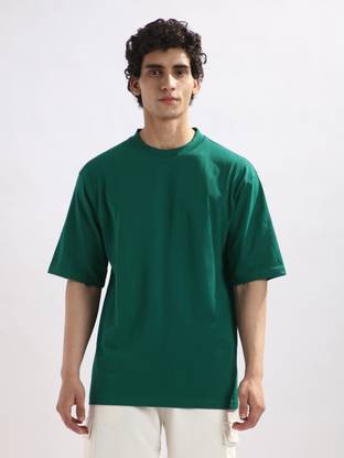 NOBERO Solid Men Crew Neck Green T-Shirt