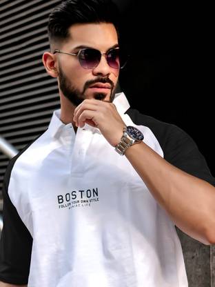 MANIAC Printed Men Polo Neck White, Black T-Shirt