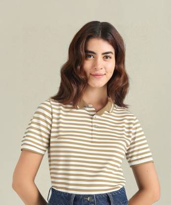 MACK JONNEY Striped Women Polo Neck Brown T-Shirt