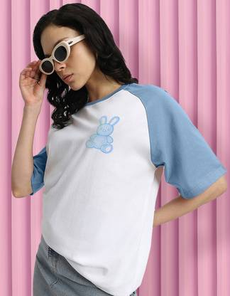 JUNEBERRY Printed Women Round Neck White, Blue T-Shirt