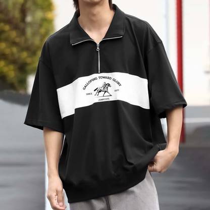 Jump Cuts Printed Men Zip Neck Black, White T-Shirt