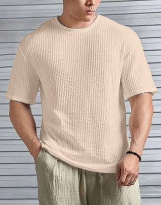 KAJARU Self Design Men Round Neck Beige T-Shirt