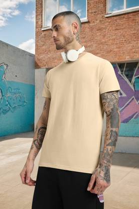 Veirdo Solid Men Round Neck Beige T-Shirt