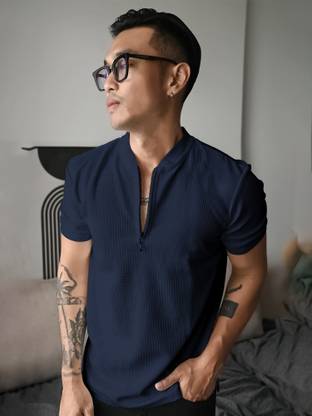 Jump Cuts Solid Men Henley Neck Dark Blue T-Shirt