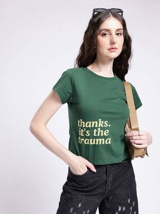 Glitchez Printed Women Round Neck Green T-Shirt