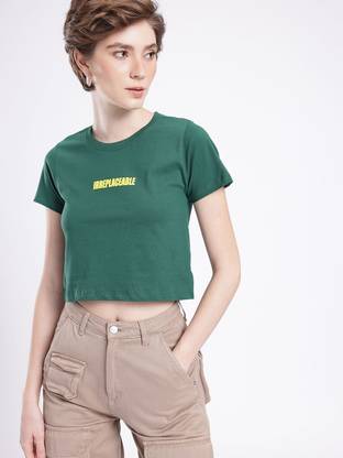 Glitchez Printed Women Round Neck Green T-Shirt