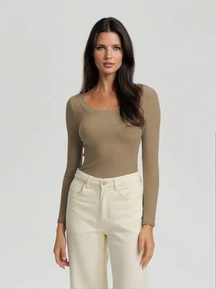KOTTY Solid Women Scoop Neck Brown T-Shirt