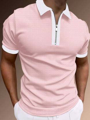 Try This Solid Men Zip Neck Pink T-Shirt