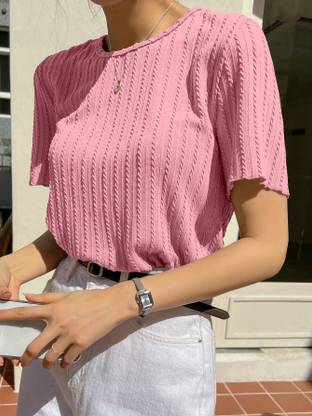 teeshub Casual Self Design Women Pink Top