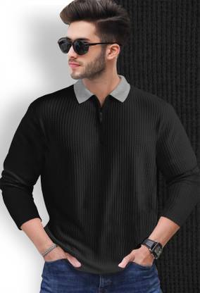 TRIPR Self Design Men Polo Neck Black T-Shirt