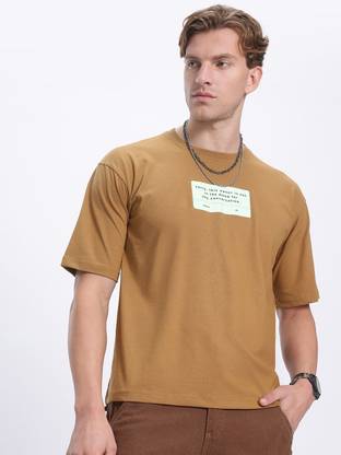 glitchez Printed Men Round Neck Brown T-Shirt