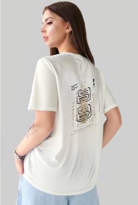 MACK JONNEY Printed Women Round Neck White T-Shirt