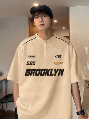Jump Cuts Printed Men Henley Neck Beige T-Shirt