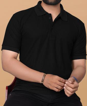 KAJARU Solid Men Polo Neck Black T-Shirt