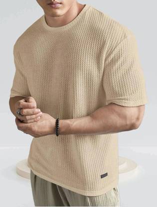 TAZO Self Design Men Round Neck Beige T-Shirt