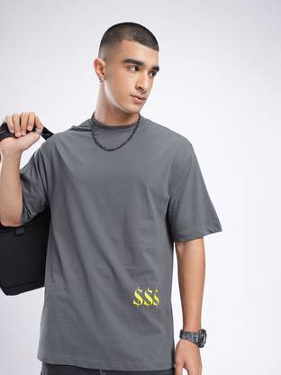 Glitchez Printed Men Round Neck Grey T-Shirt