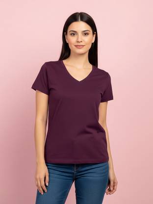 JUNEBERRY Solid Women V Neck Purple T-Shirt