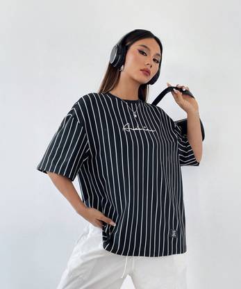 Stockton Striped Women Round Neck Black T-Shirt