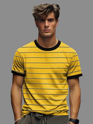 KELONBRO Striped Men Round Neck Yellow T-Shirt