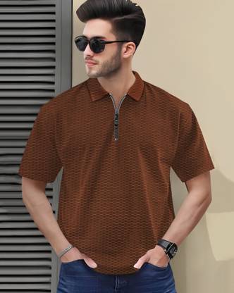 AUSK Checkered Men Polo Neck Brown T-Shirt