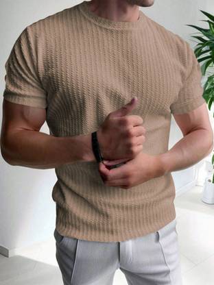 KAJARU Self Design Men Round Neck Brown T-Shirt