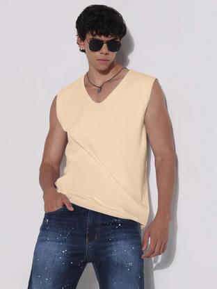 SHOWOFFFF Solid Men V Neck Beige T-Shirt