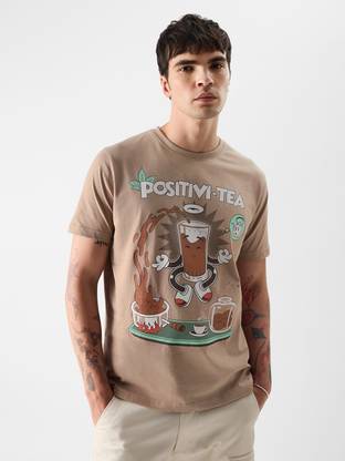 The Souled Store Printed, Typography Men Round Neck Brown T-Shirt